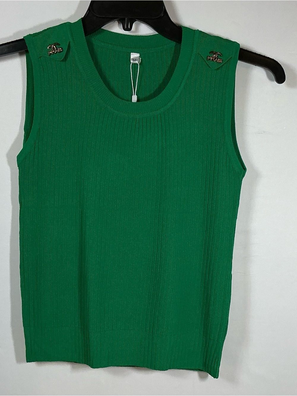 Ribbed Sleeveless Tank with Gold Shoulder Accents - Green